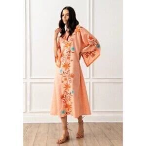 Mi Golondrina Peach Embroidered Floral Midi Dress Size M